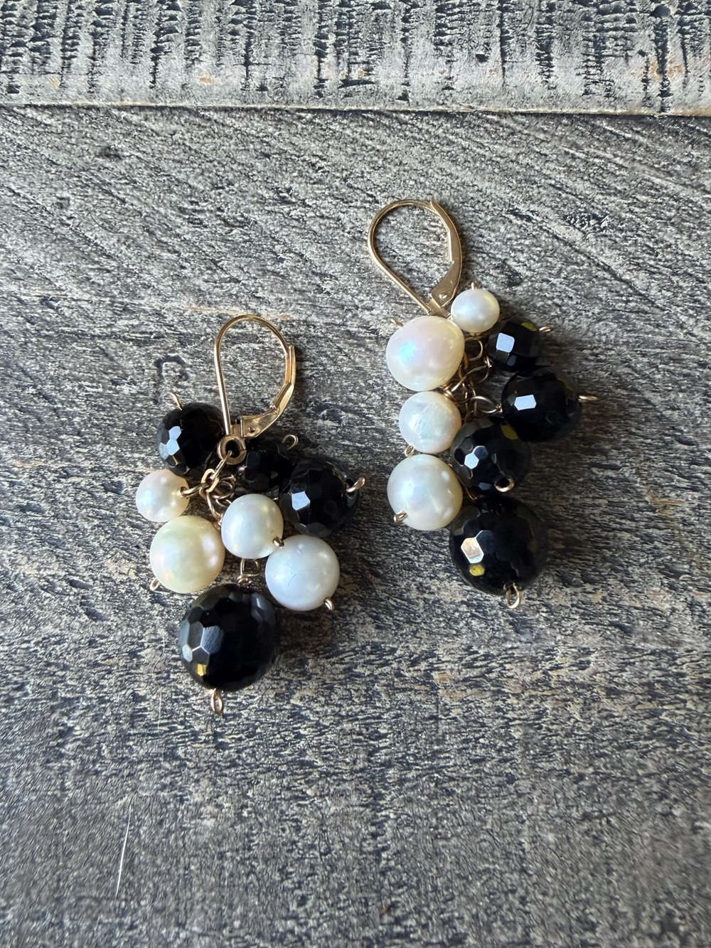 14K Gold Freshwater Pearl & Onyx Cluster earrings